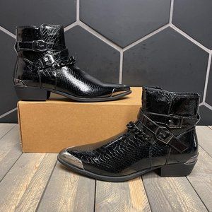 New W/O Box! Womens ASOS Crocodile Print Black Gloss Chain Ankle Boots